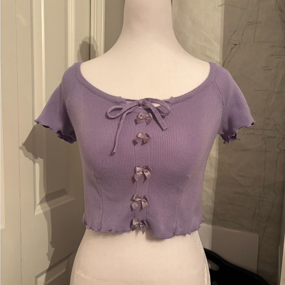 Lilac Bow-Detail Ribbed Blouse